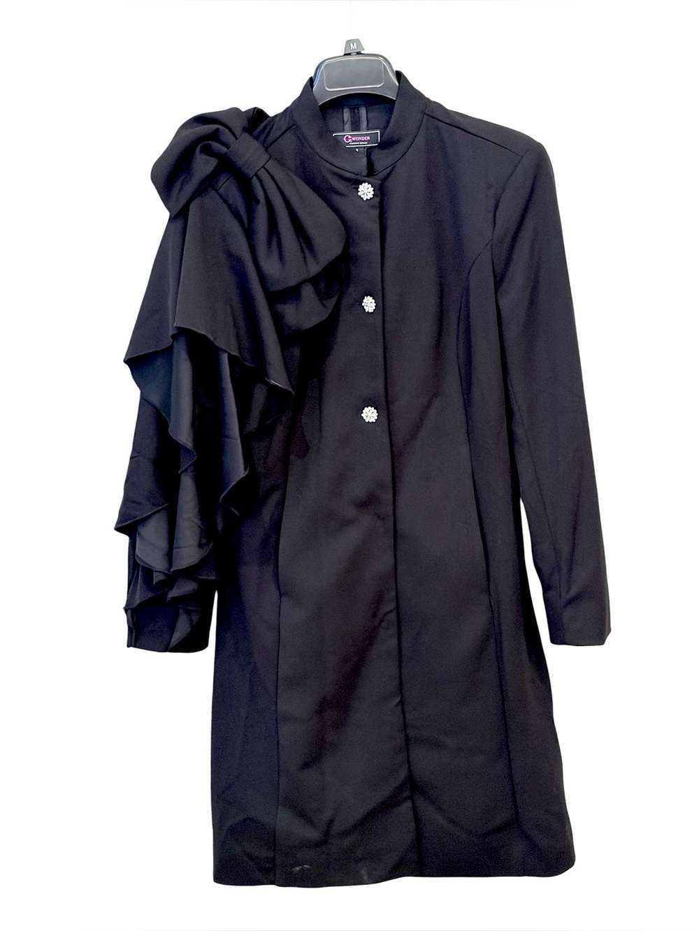 Dressy evening coat w/fabulous bow & ruffle sleeve, rhinestone buttons